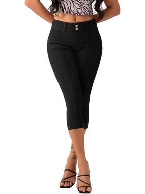 Women’s Black Trendy Mid Rise Skinny Stretchy Front Seam Denim Jean Capri Pants